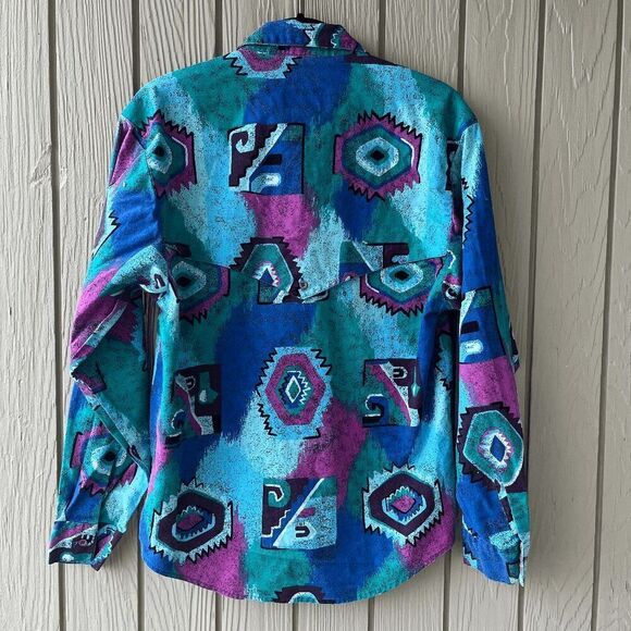 Vintage 80s/90s Wrangler Aztec Button-Up Shirt M Southwestern Cowgirl - Picture 3 of 9